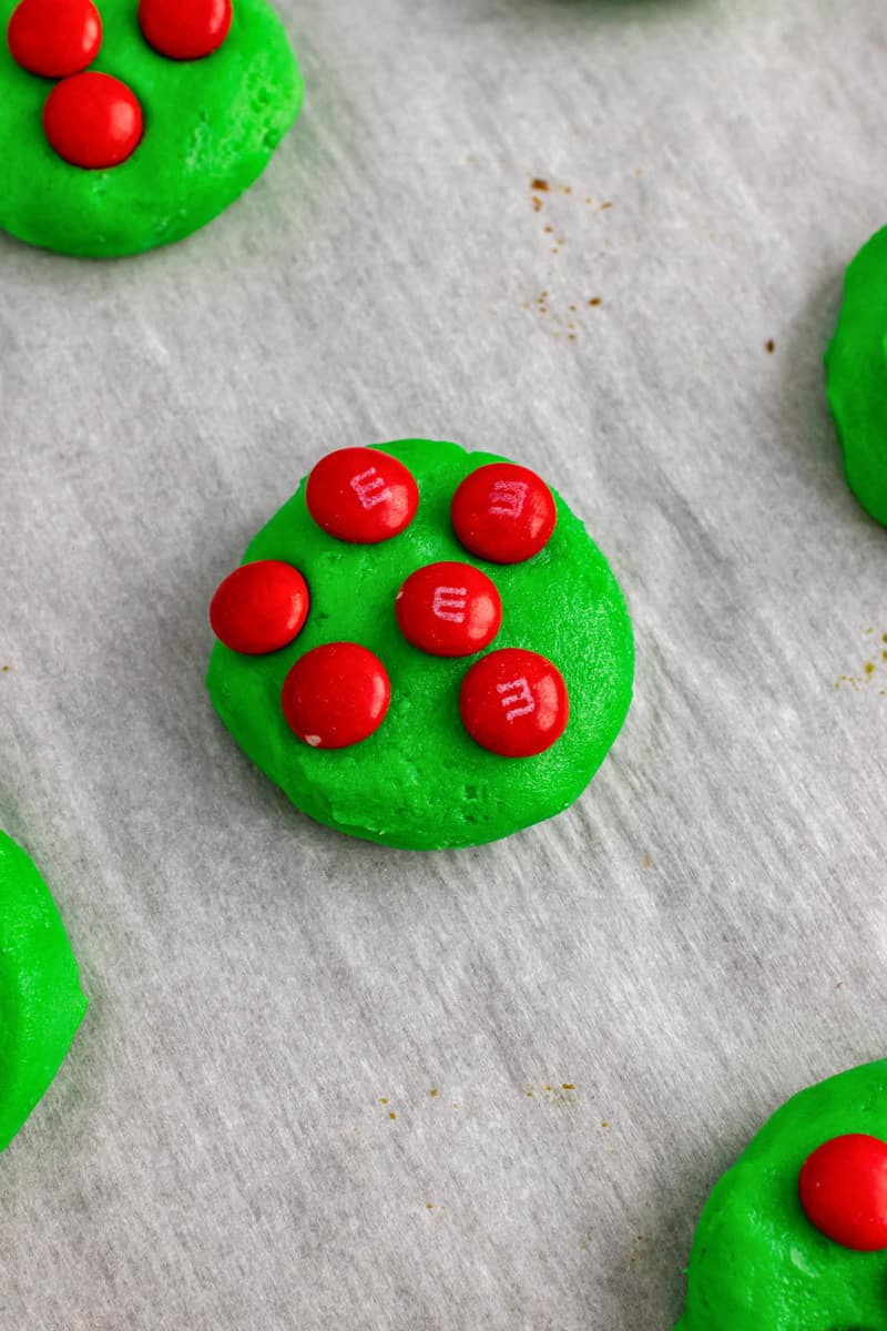 cookie dough balls with red M&Ms on top