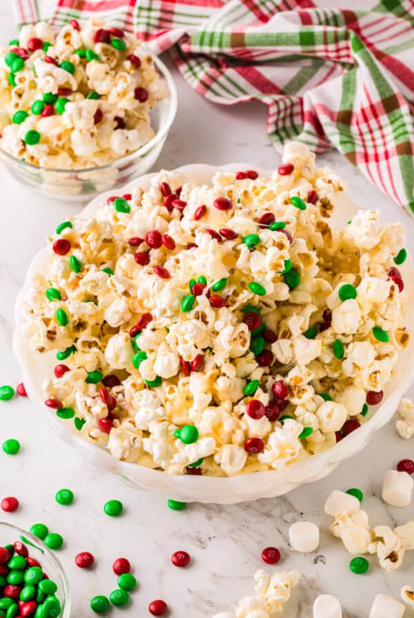 christmas popcorn recipe in a white bowl