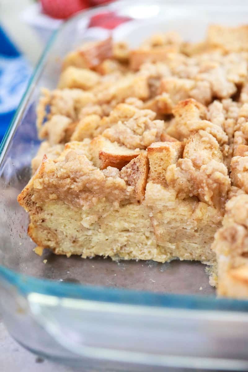 French toast casserole sliced out of dish