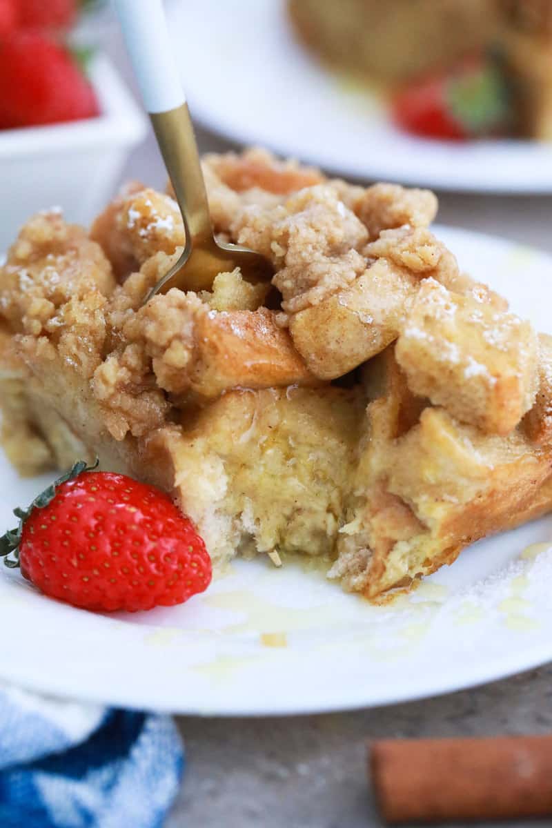 closeup of French toast casserole on white plate