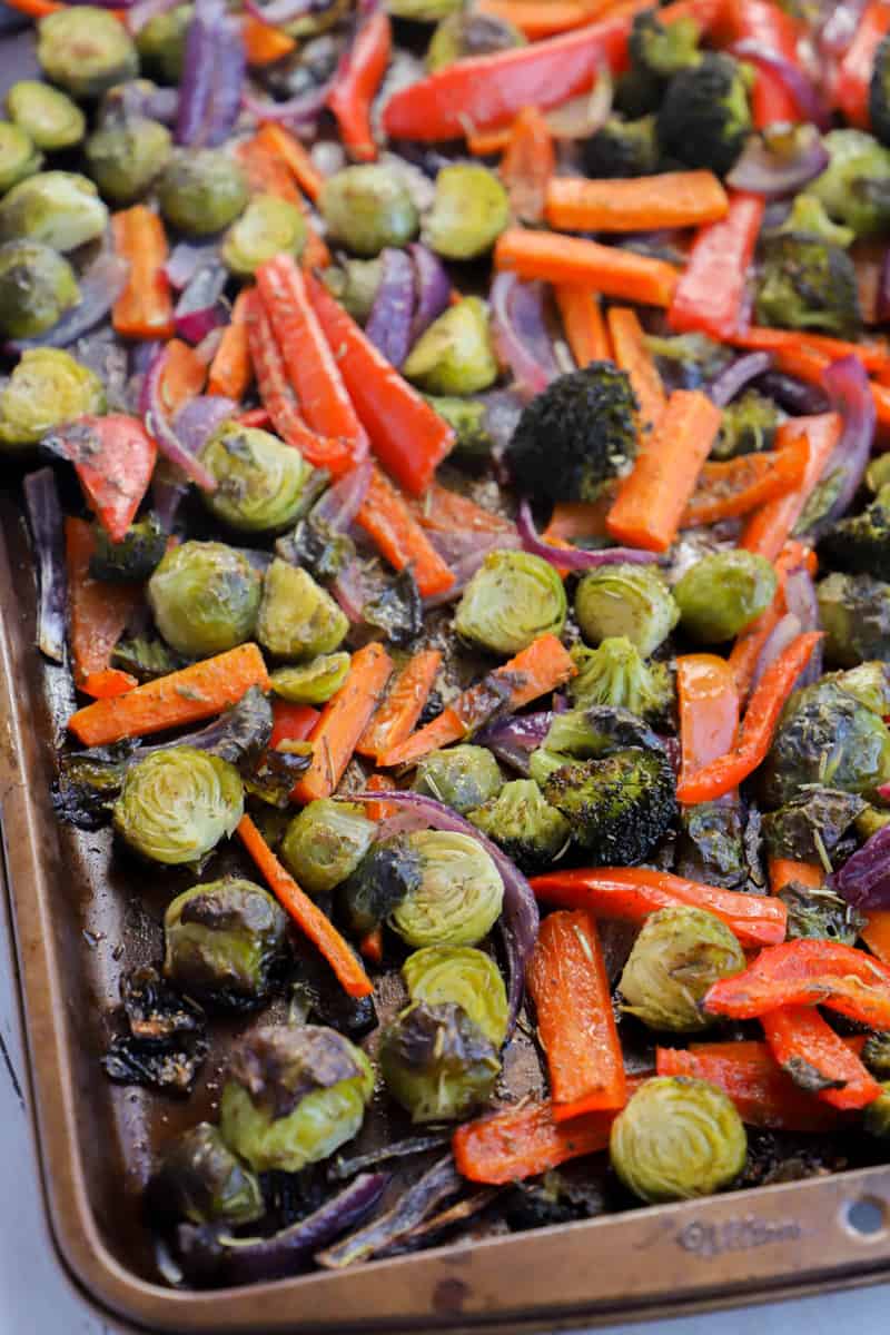 roasted vegetables on a baking sheet close up