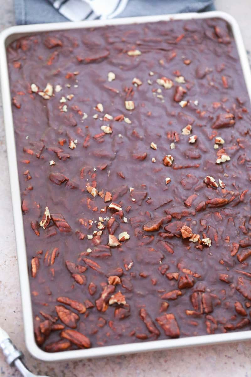 baked Texas sheet cake iced in sheet pan