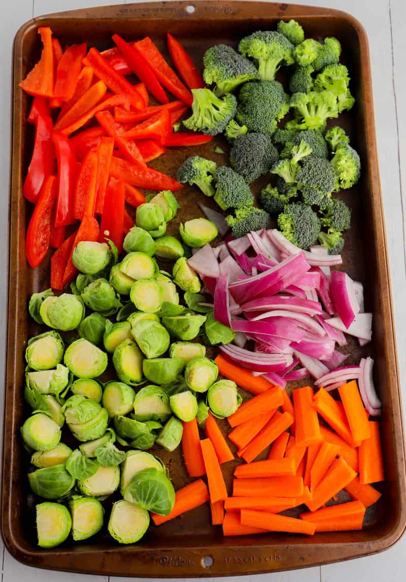 veggies cut and placed on baking sheet