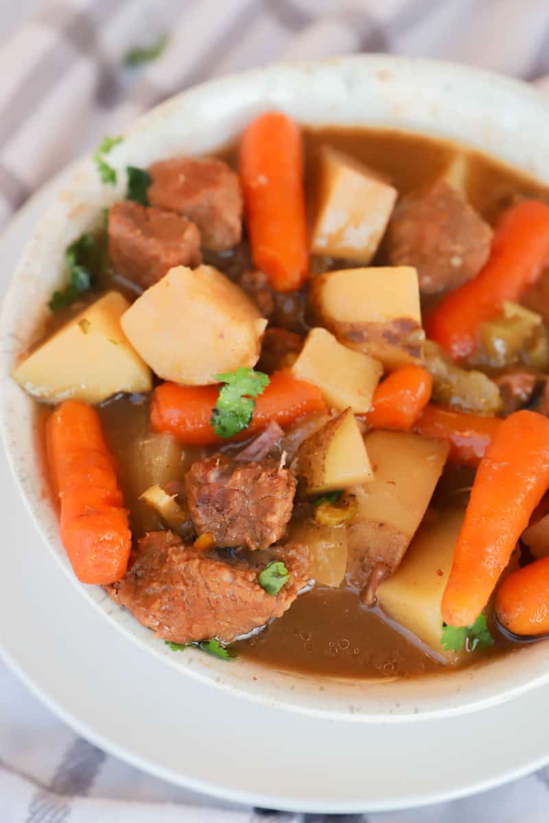 Slow Cooker Beef Stew in white bowl