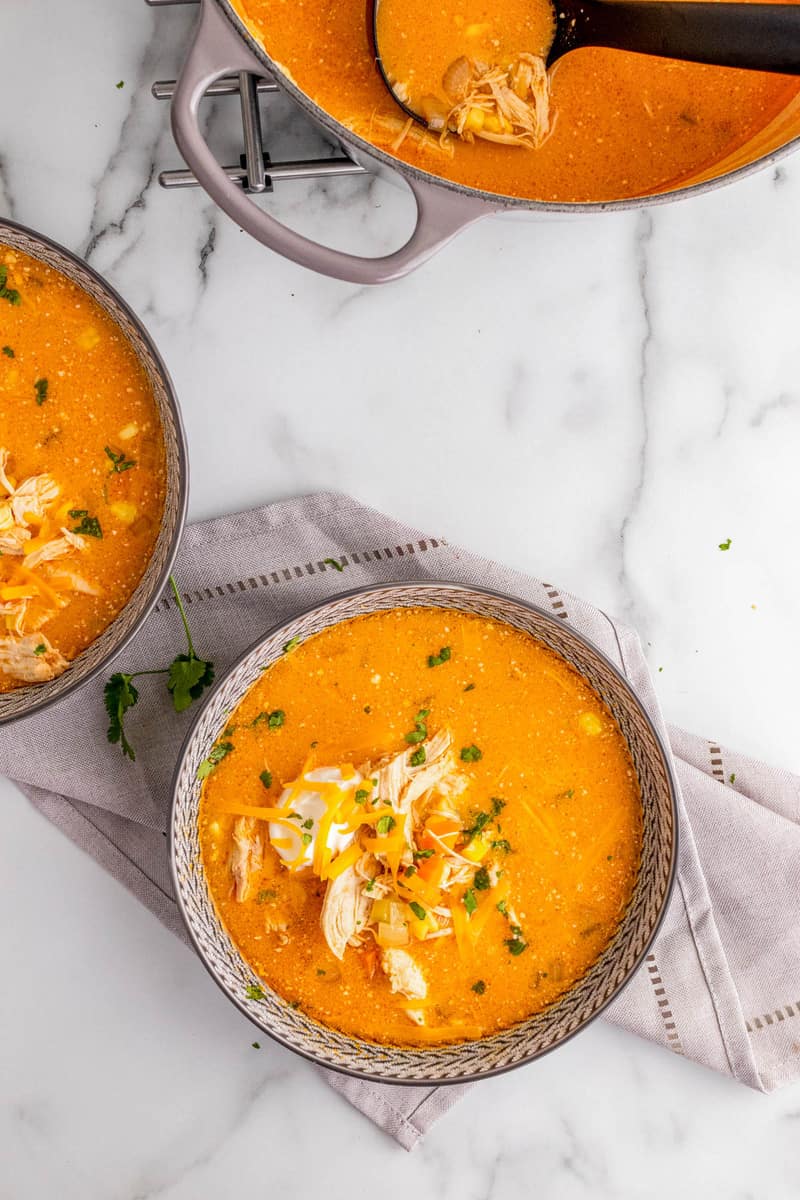 top down view of buffalo chicken soup in a bowl