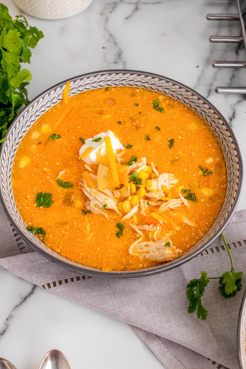 closeup of buffalo chicken soup in a bowl