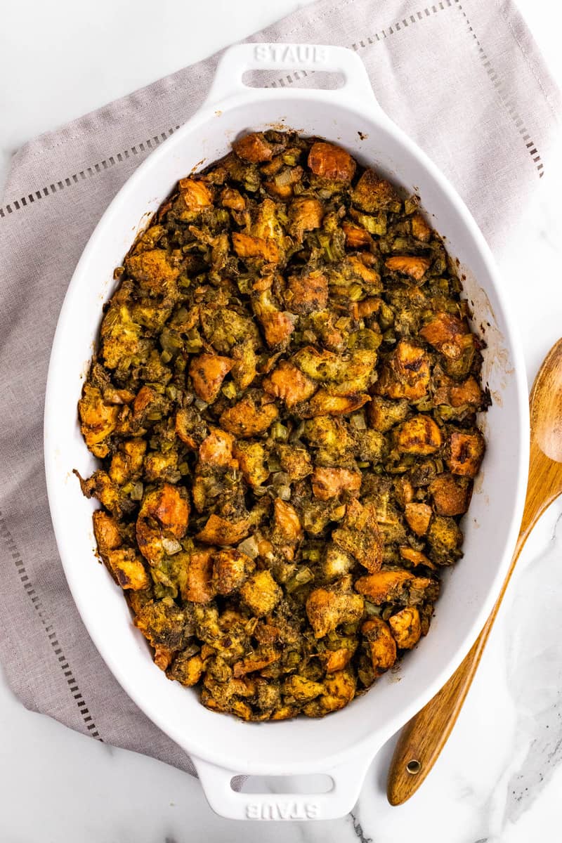 Simple Classic Stuffing in white casserole dish