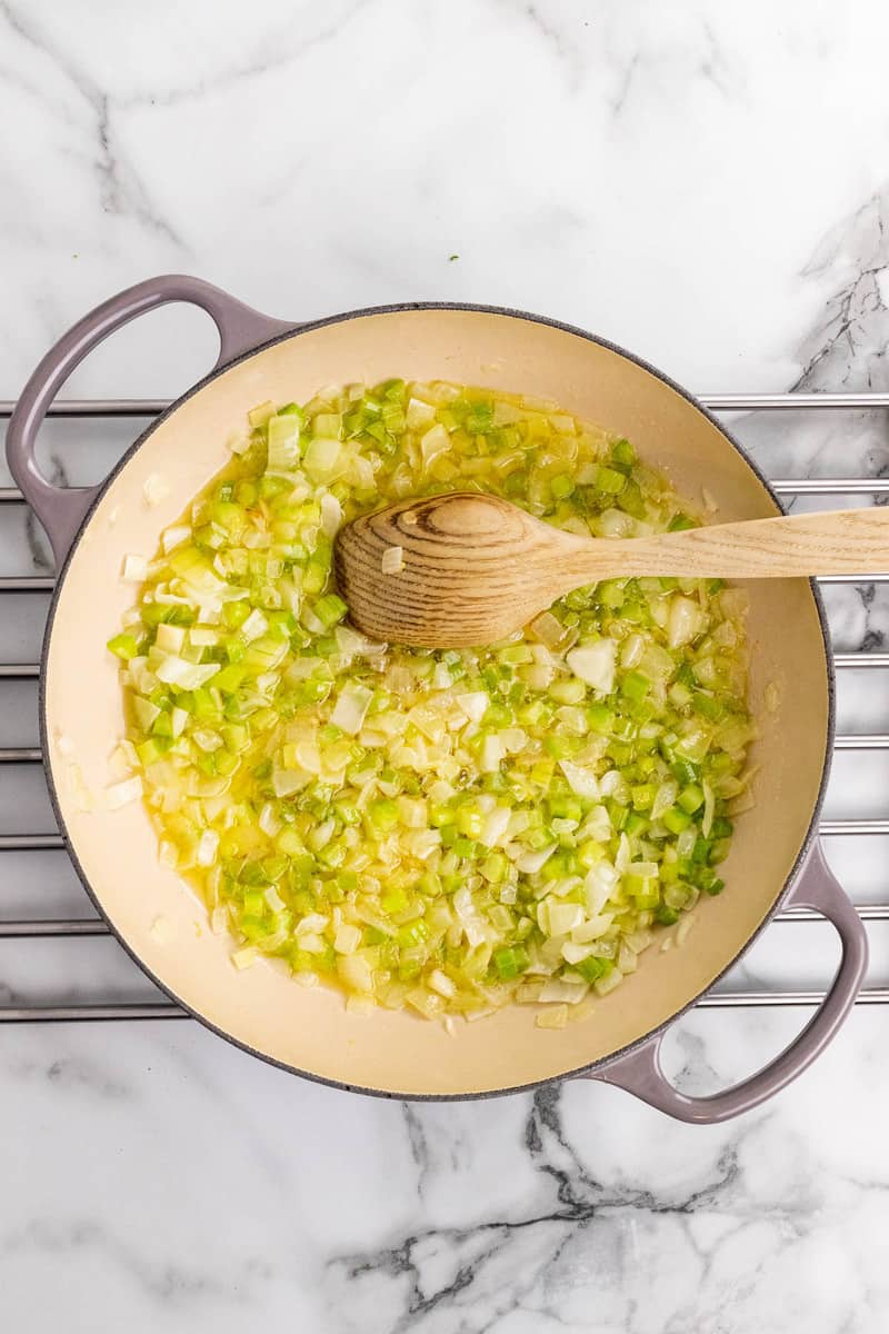 in large skillet heating up onions and celery