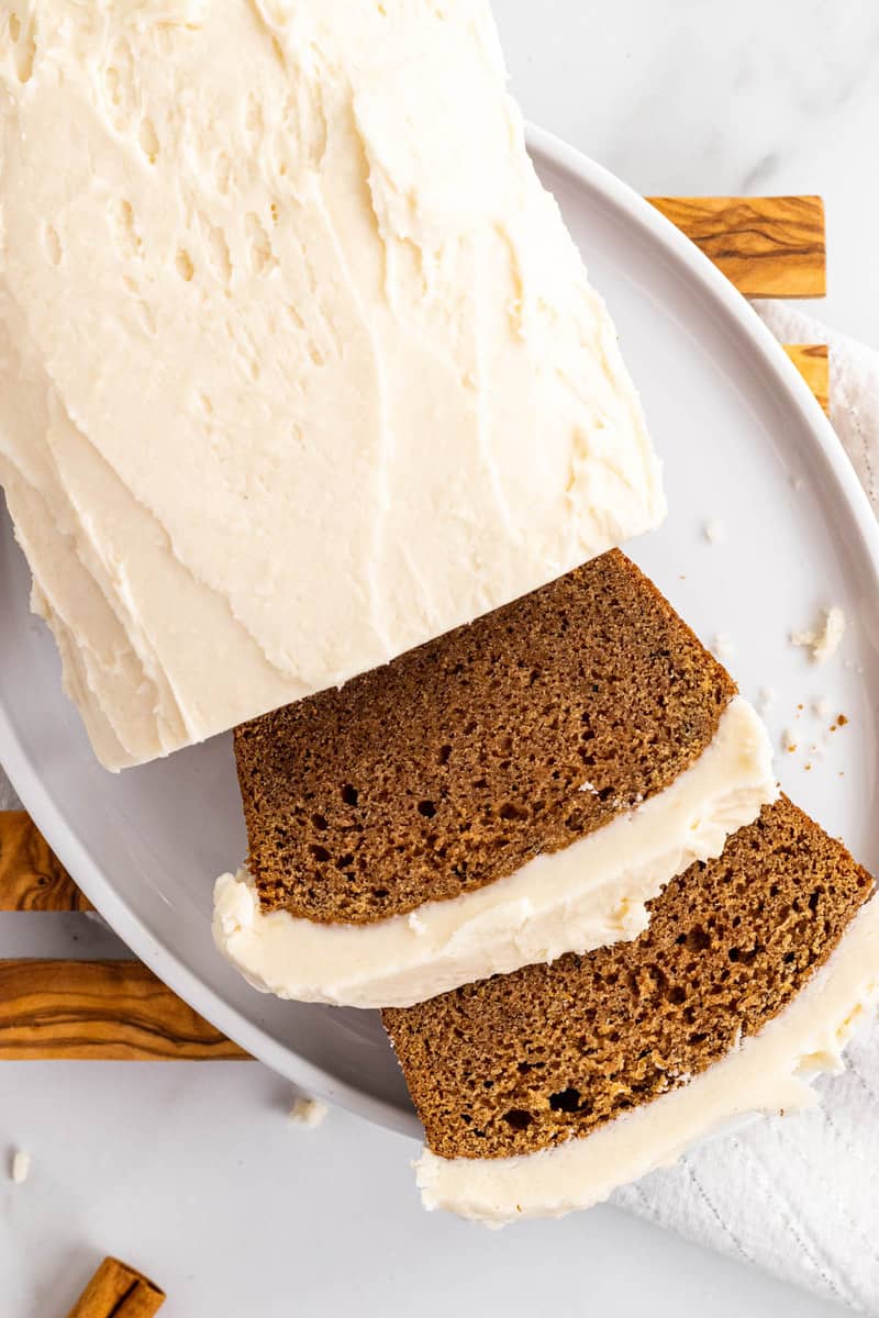 sliced gingerbread loaf on white plate