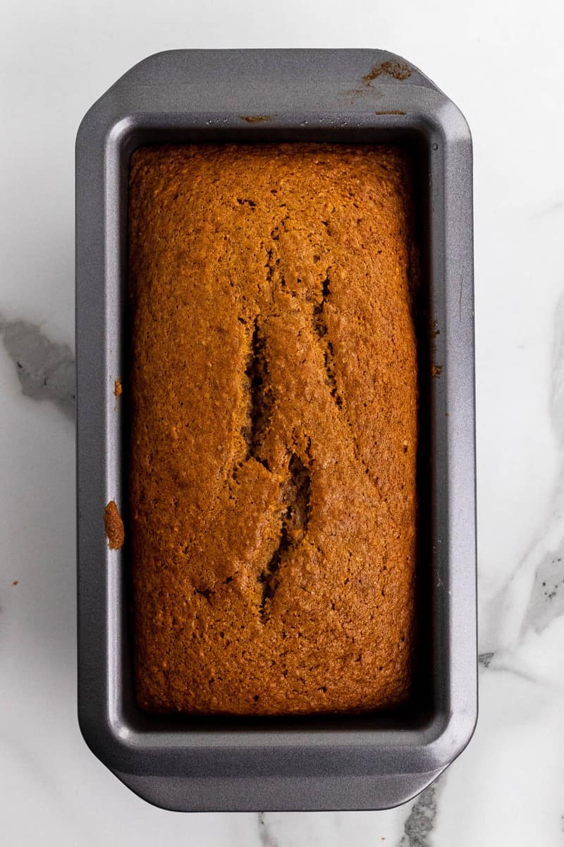 baked gingerbread loaf in pan