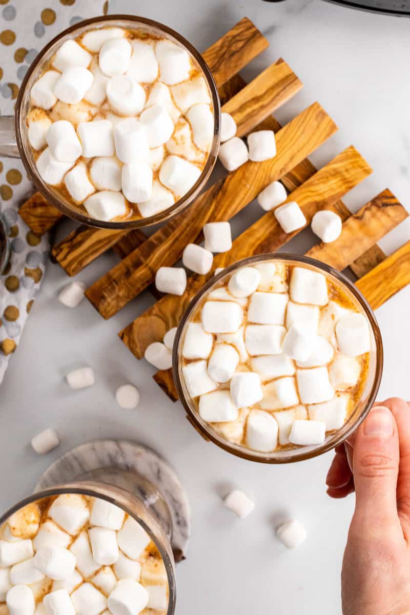 top down view of hot chocolate in mugs