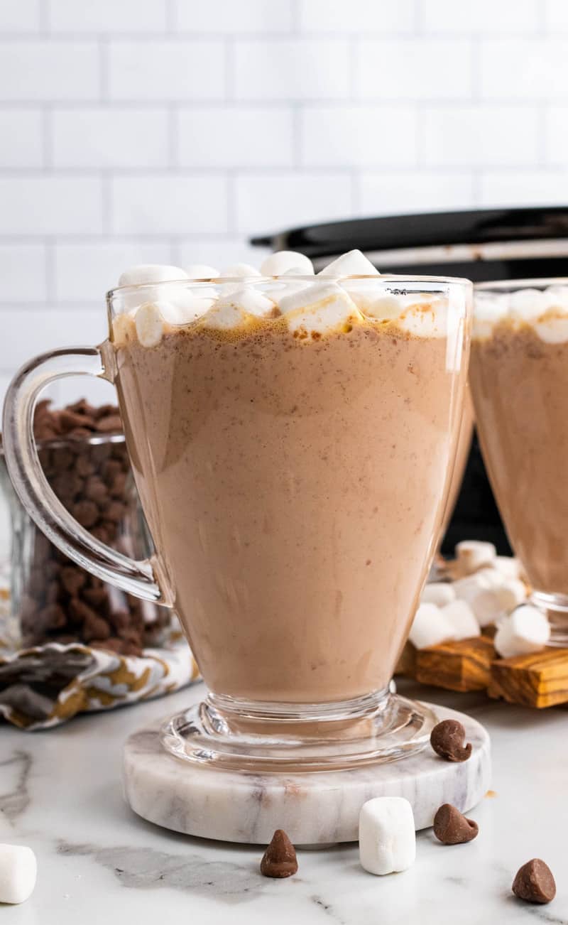 close up of hot chocolate in glass mug