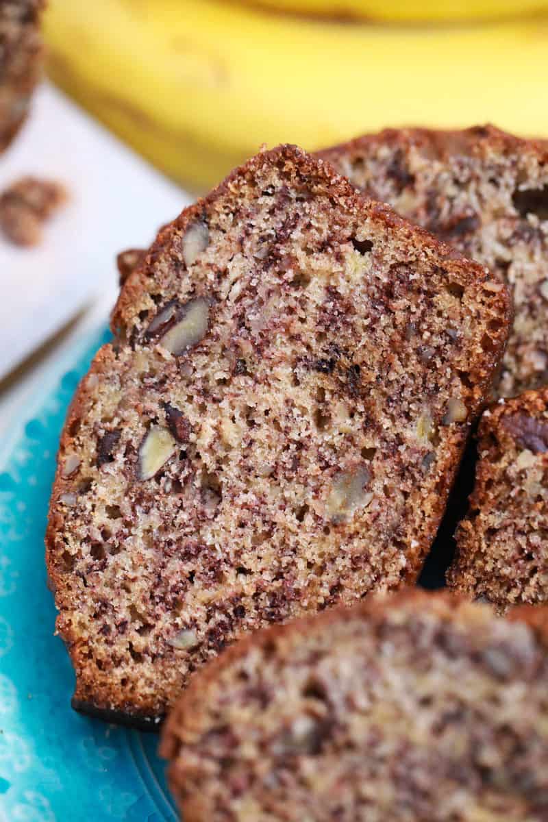 close up of sliced banana nut bread