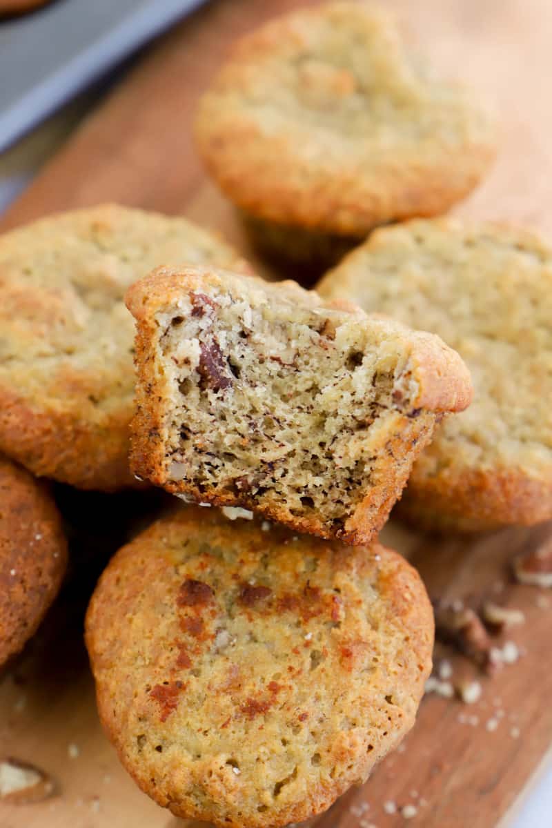 Banana Nut Muffins on wooden serving board