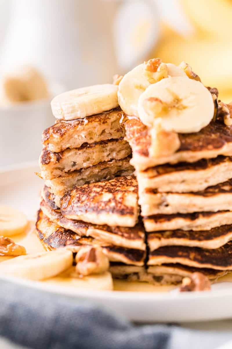 closeup of the banana pancakes cut open.