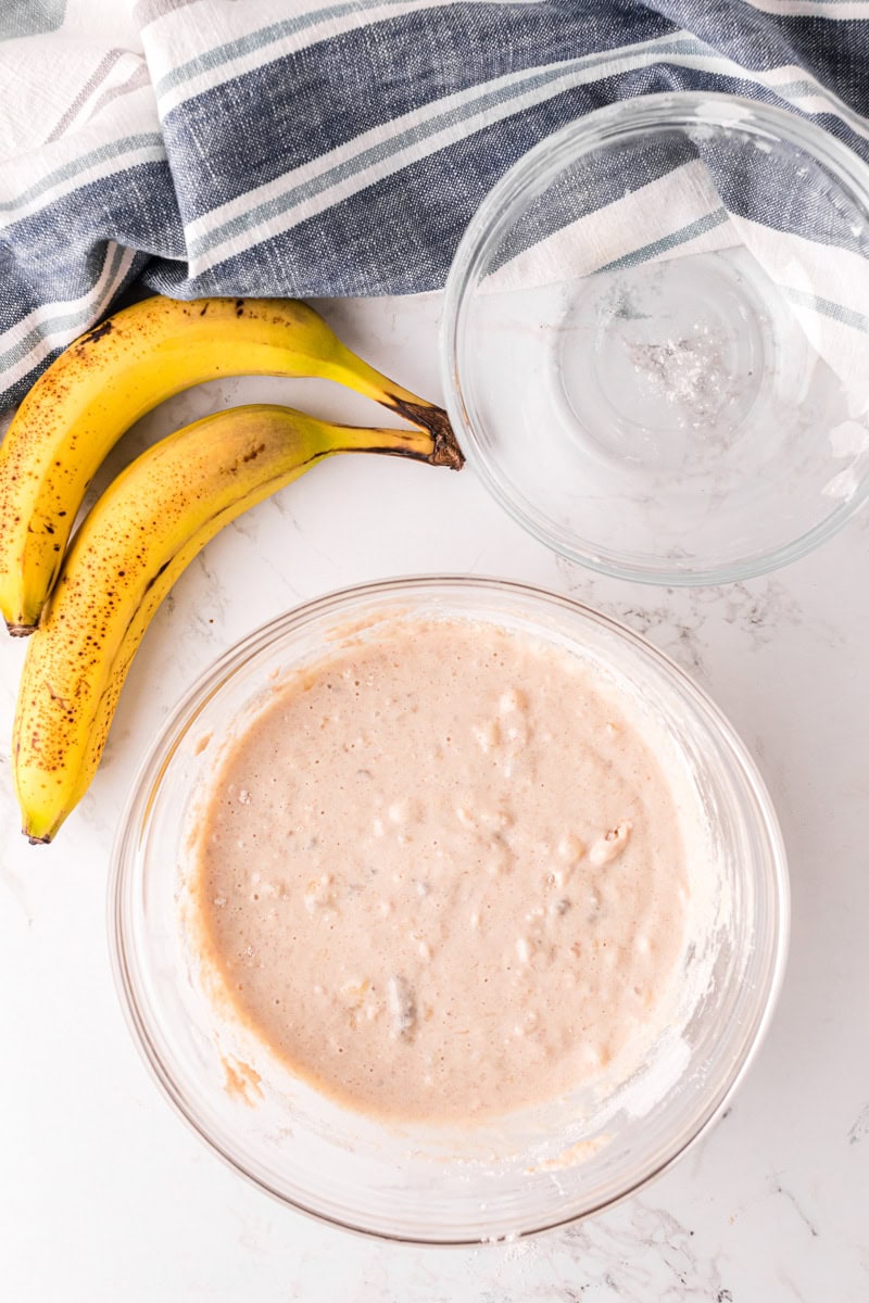 the pancake batter in a large glass bowl.
