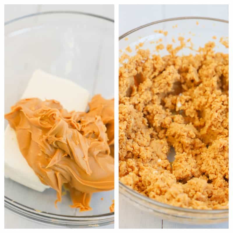 mixing together cream cheese and peanut butter