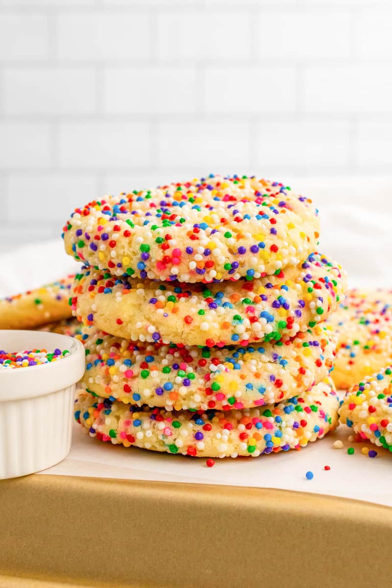 closeup up stacked sprinkle cookies