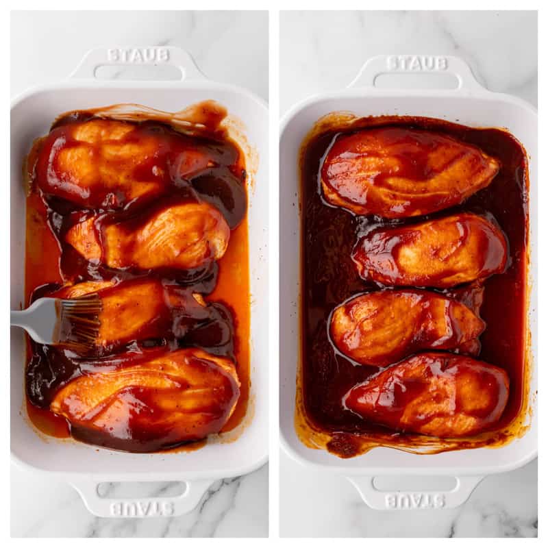 chicken breasts in baking dish covered in BBQ sauce.