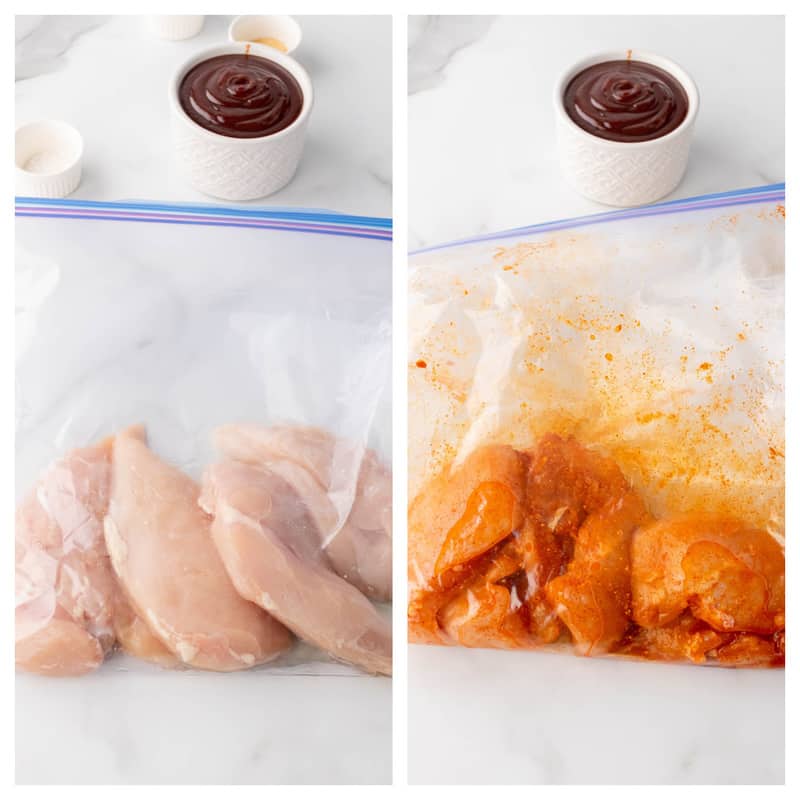 chicken breasts marinating in BBQ sauce in plastic bag.