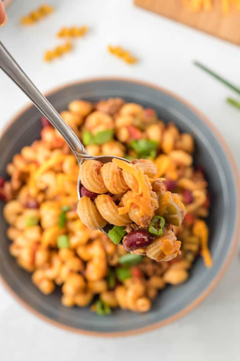 Instant Pot Chili Mac on a spoon closeup