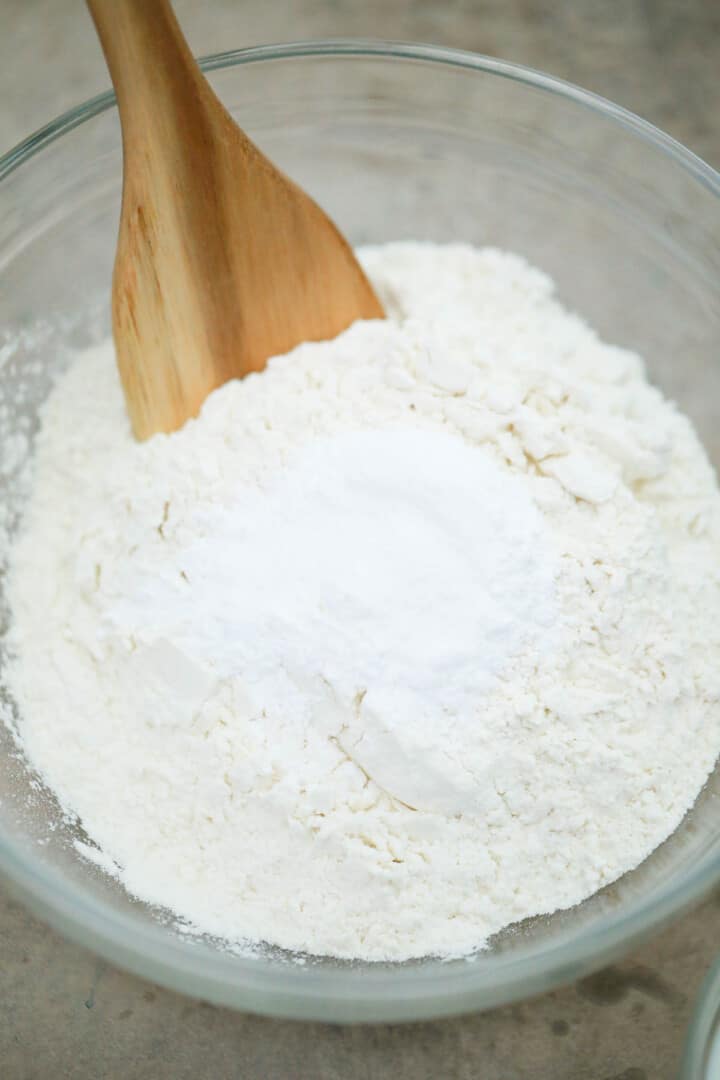 mixing dry ingredients together for the pancakes
