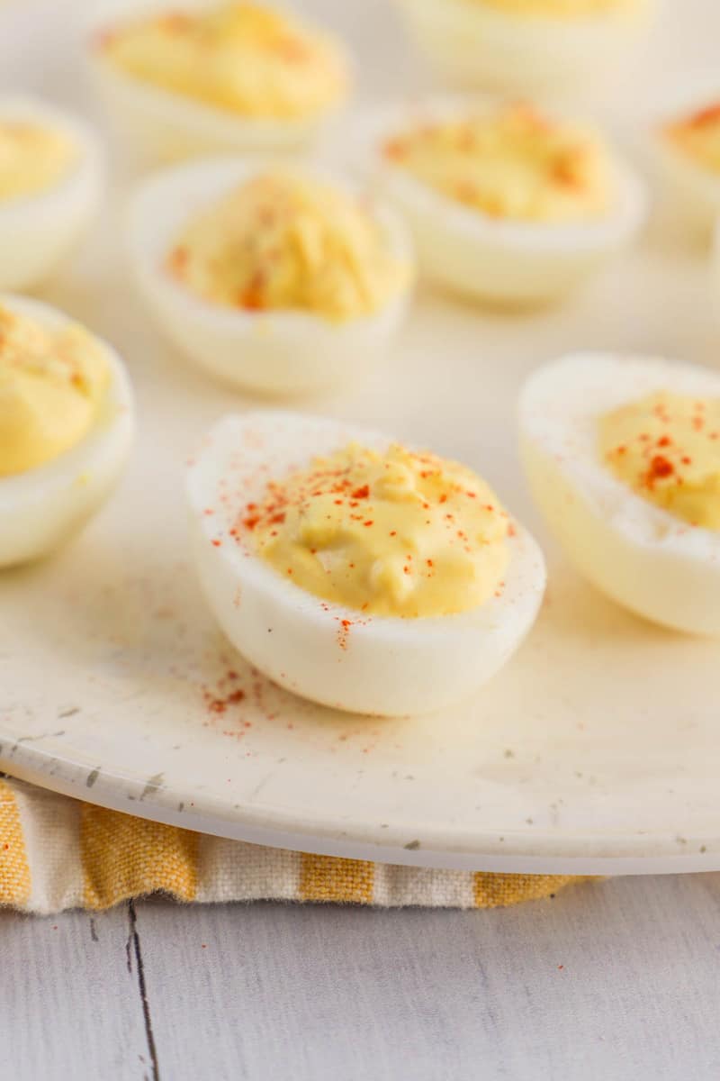 finished Southern Deviled Eggs on white serving tray
