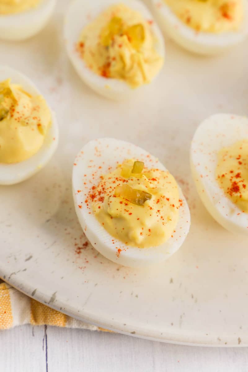 Southern Deviled Eggs on white serving tray