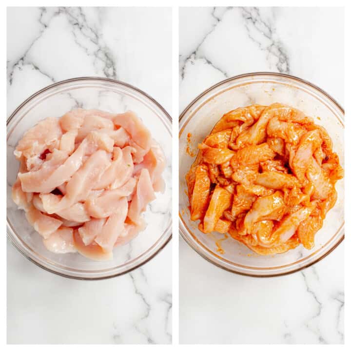 Mixing your sliced chicken in with the marinade.