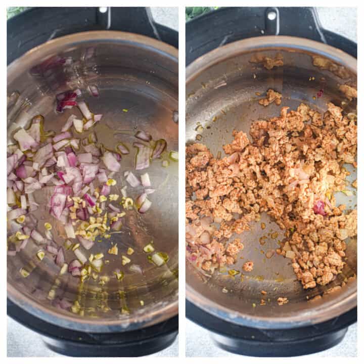 cooking the garlic onion and sausage in the instant pot
