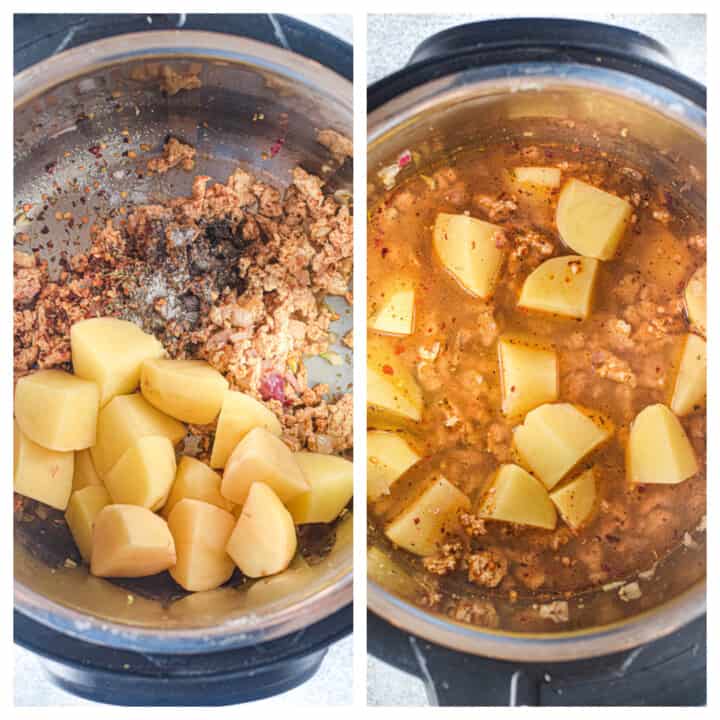 adding in potatoes and remaining ingredients and broth