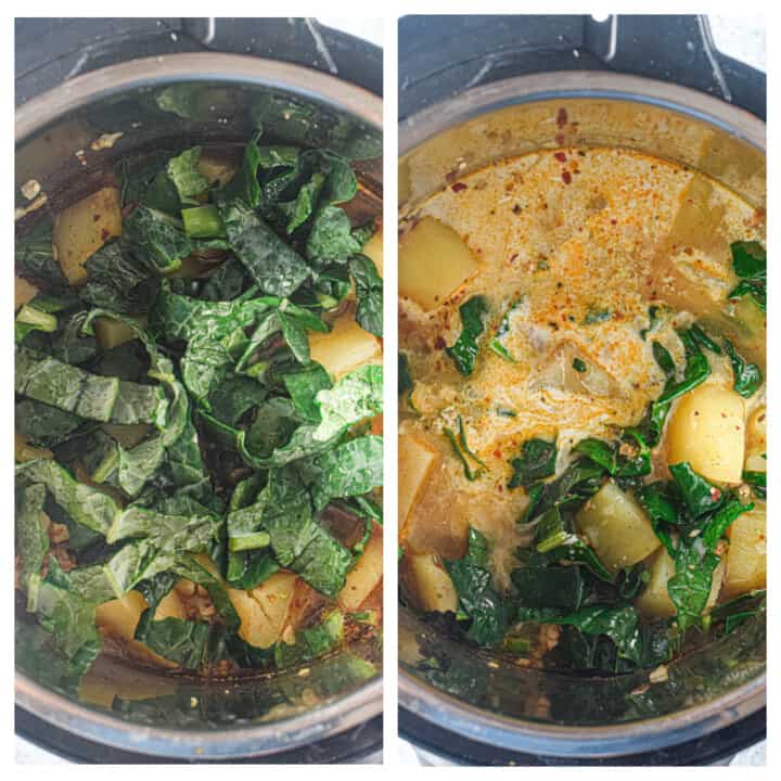 adding the kale to the finished soup and allowing it to boil in