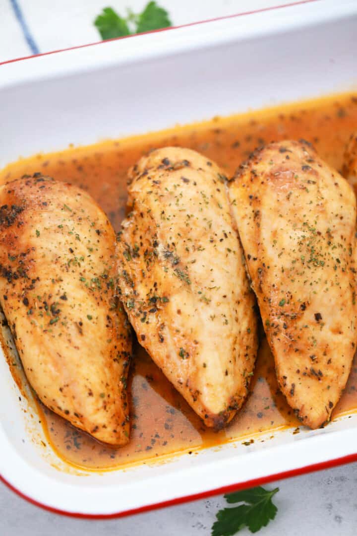 Baked Chicken Breast in baking dish.