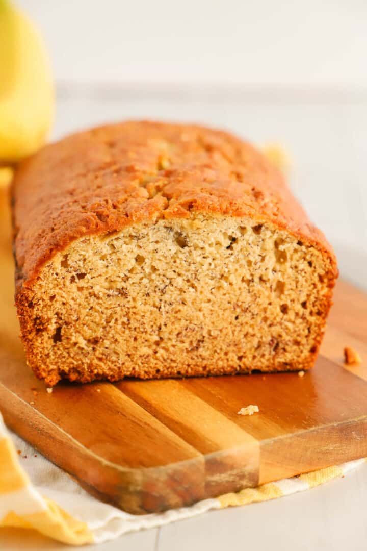 banana bread sliced open to show cooked inside