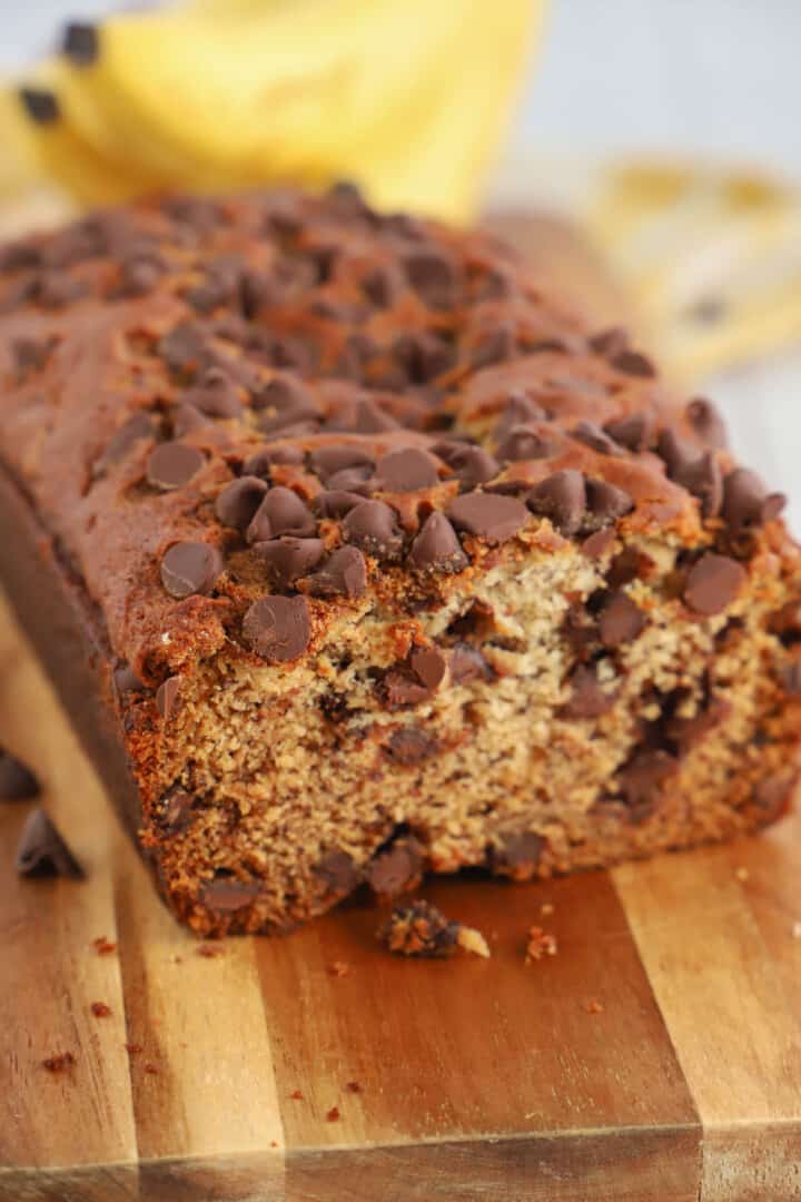 chocolate chip banana bread sliced to show the inside