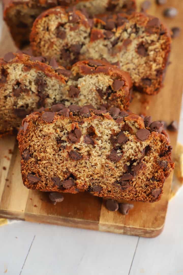 closeup of slices of chocolate chip banana bread