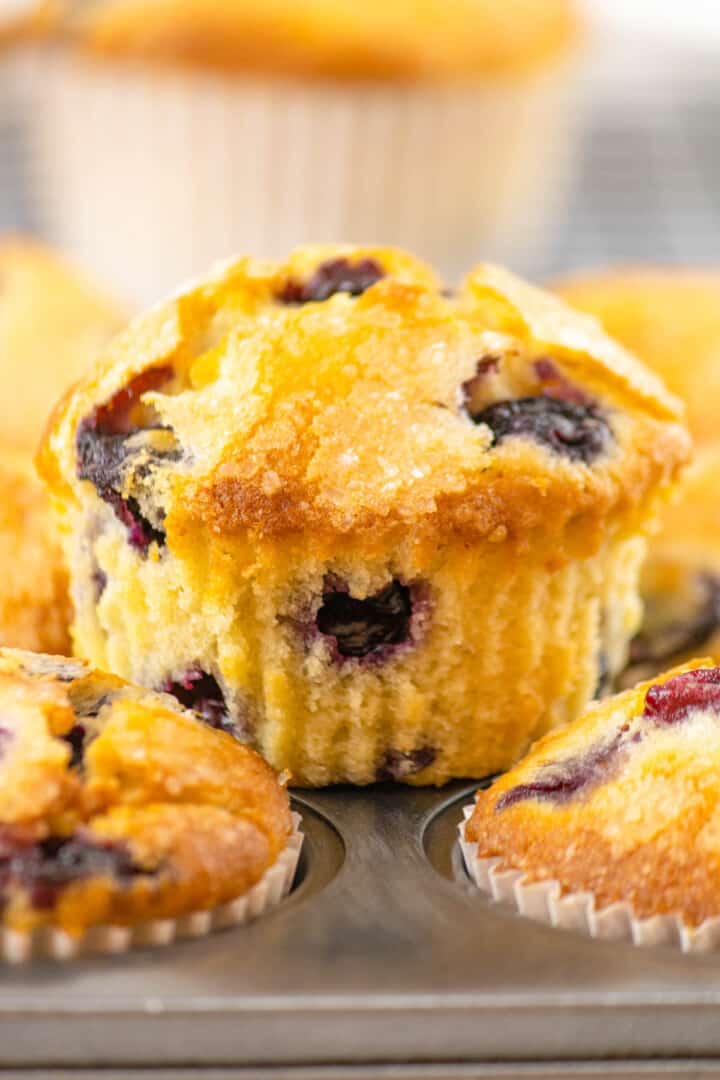 closeup of blueberry muffin sitting on muffin tin.