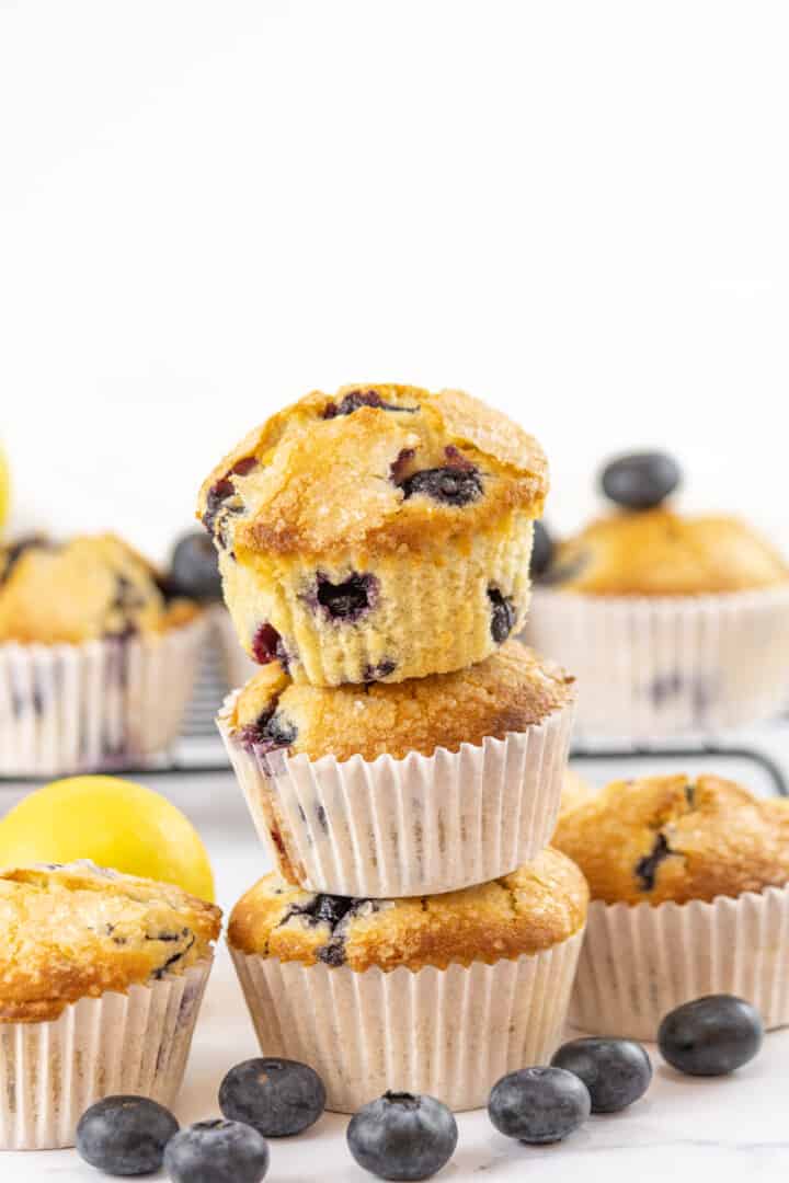 Lemon Blueberry Muffins stacked on top of each other