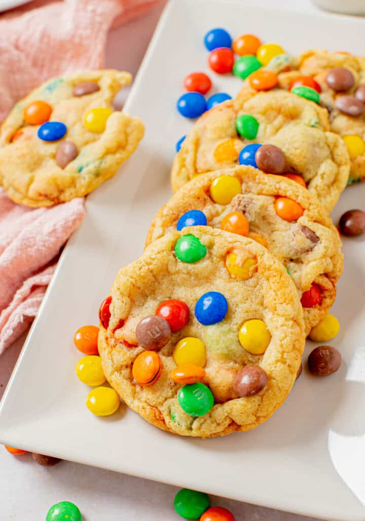 M&M Cookies on white serving platter