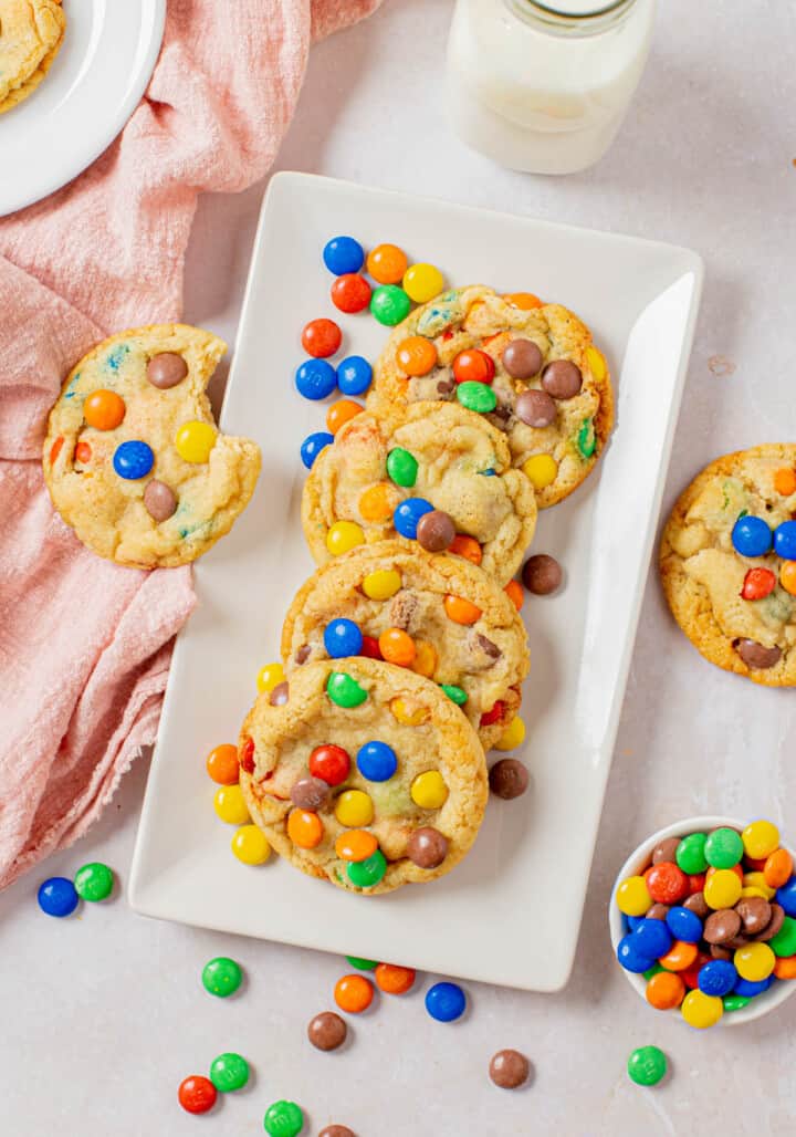 M&M cookies on white serving tray