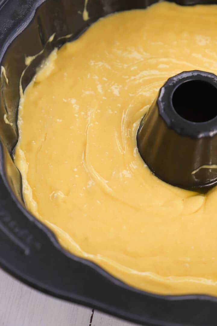 cake mix in Bundt pan