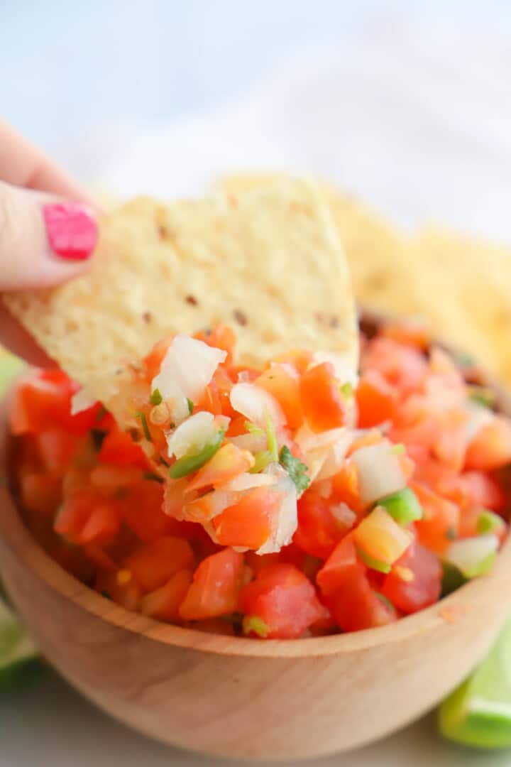 Pico de Gallo scooped out on a tortilla chip