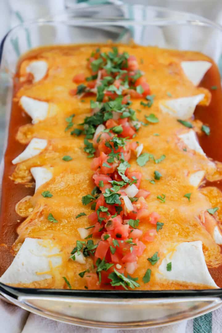 Pulled Pork Enchiladas in casserole dish