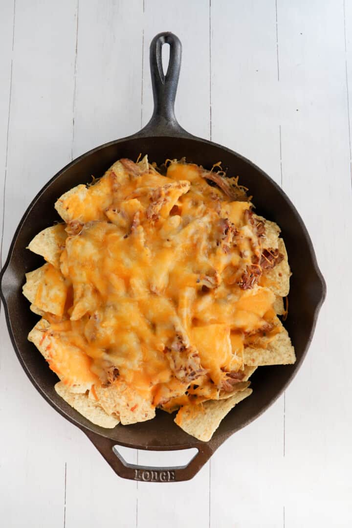 pulled pork nachos out of the oven