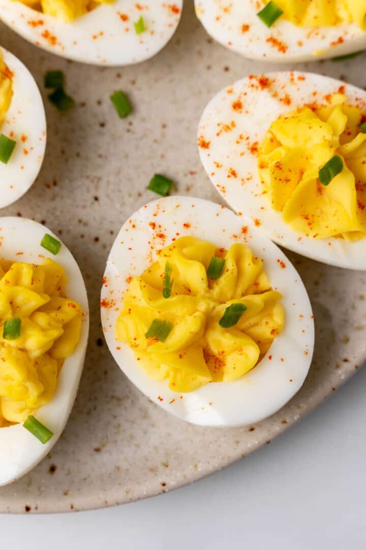 top view of deviled eggs on serving tray.