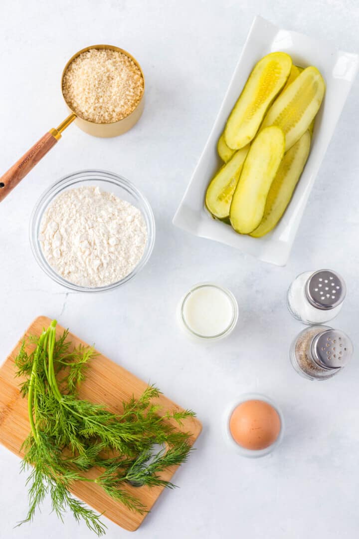 Ingredients for air fryer fried pickles.