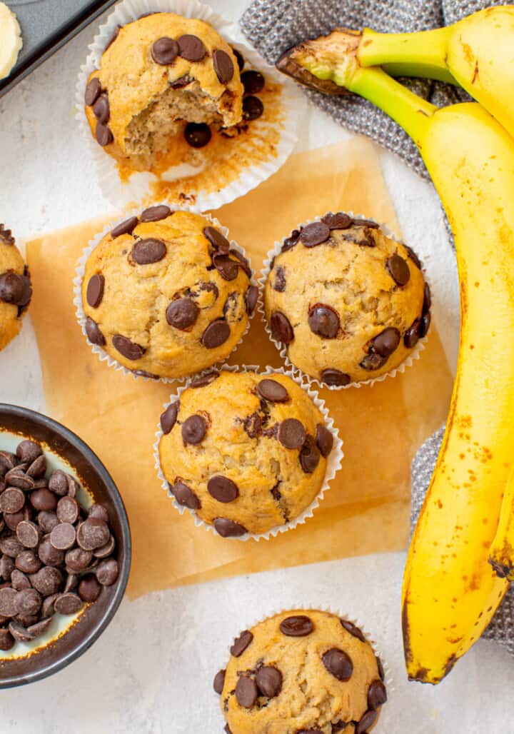 top down view of banana chocolate chip muffins