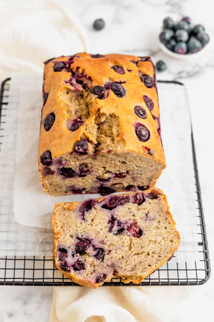 Blueberry Banana Bread on wire rack sliced