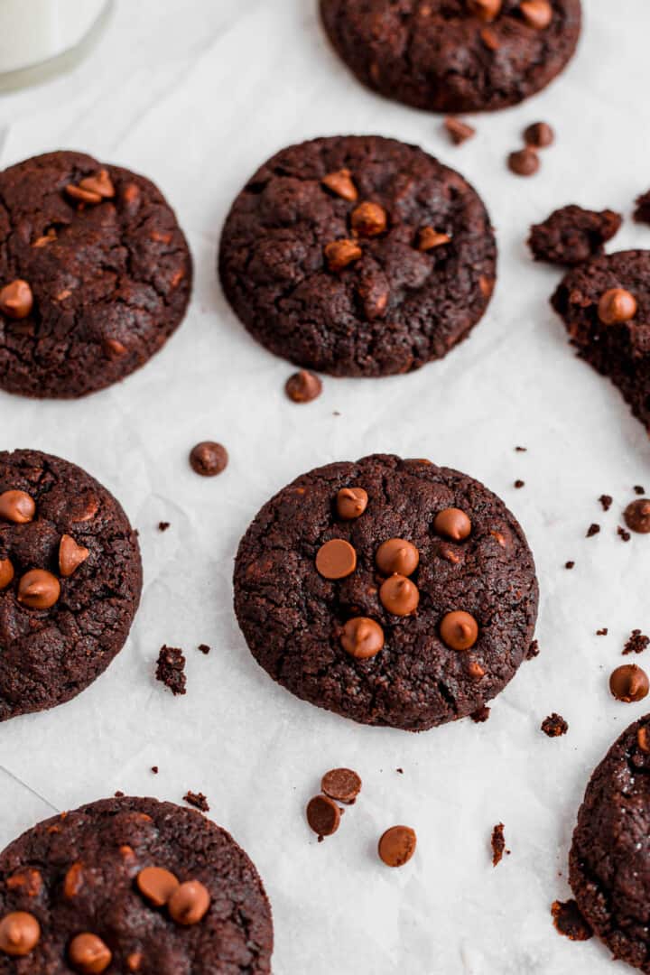 closeup of double chocolate chip cookies