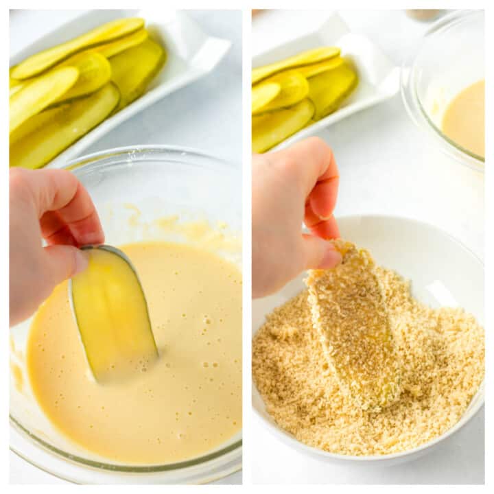 dredging the pickles in the egg wash and breading.